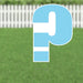 Large blue and white yard sign shaped like a dollar sign, displayed on grass with a white picket fence in the background.