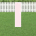 Pink rectangular yard card with the letter I displayed vertically, shown staked in a green lawn with a white picket fence in the background.