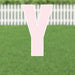 Large pink letter Y yard sign with white border and metal stakes, displayed on a lawn with white picket fence in background.
