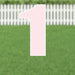 Light pink number 1 yard sign with white outline and metal stakes, displayed on green grass with white picket fence background.