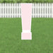 Pink exclamation mark yard sign with white border and metal ground stakes, displayed on a lawn with white picket fence in background.