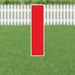 Red vertical rectangular yard card with white border and metal stakes, displayed on green lawn with white picket fence in background.