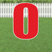 Red number zero yard sign with white outline and metal stakes, displayed on grass with white picket fence in background.