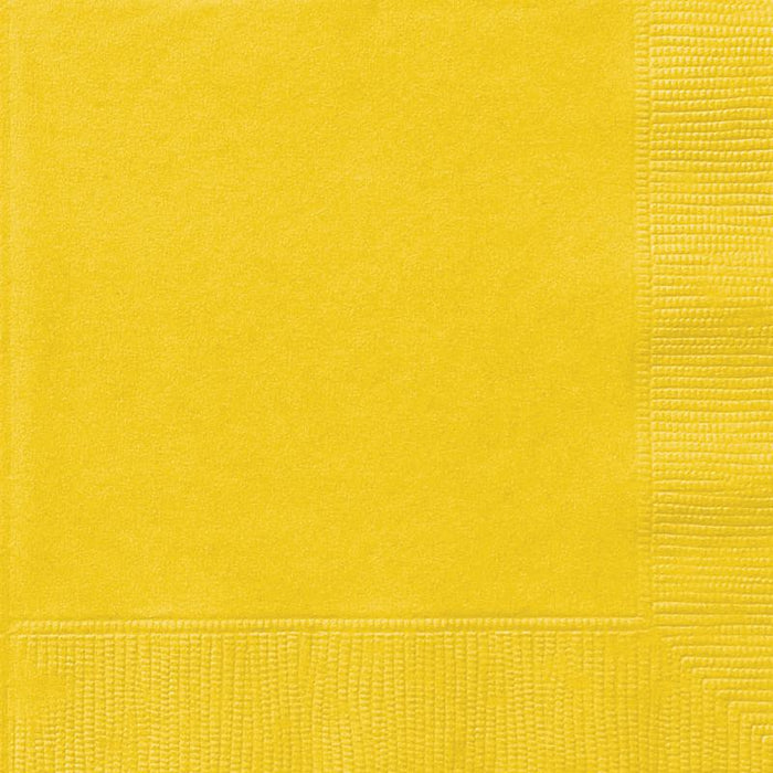 Bright yellow paper napkins with embossed quilted texture, featuring a folded corner detail visible on the right and bottom edges.