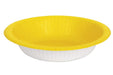 Yellow and white disposable paper bowl with a wide rim, shown from an angled top view.
