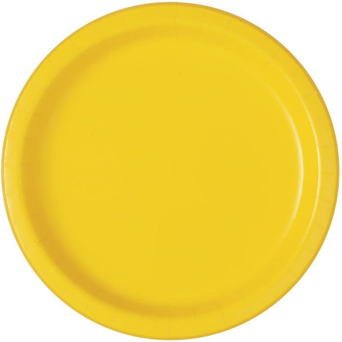 Bright yellow round paper dinner plate with a shallow rim, shown from above against a white background.