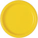 Bright yellow round paper dinner plate with a shallow rim, shown from above against a white background.