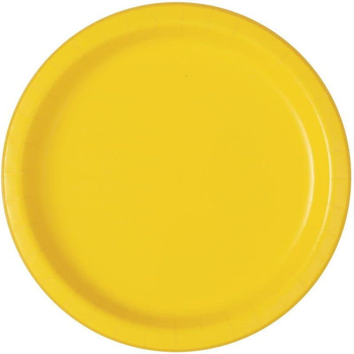 Bright yellow round dinner plate with a slightly raised rim, shown from above against a white background.