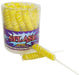 Clear plastic container filled with yellow spiral lollipops with white sticks, featuring a purple label that reads "Splash" and "Lemon Artificially Flavored.