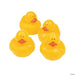 Four bright yellow rubber ducks with orange beaks and black dot eyes arranged in a group on a white background.