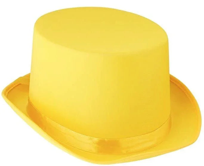 Bright yellow satin top hat with a rounded crown and wide brim, displayed against a white background.