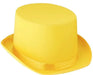 Bright yellow satin top hat with a rounded crown and wide brim, displayed against a white background.