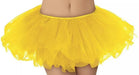 Bright yellow tutu skirt with layered tulle material and scalloped edges, shown worn at waist level on an adult.