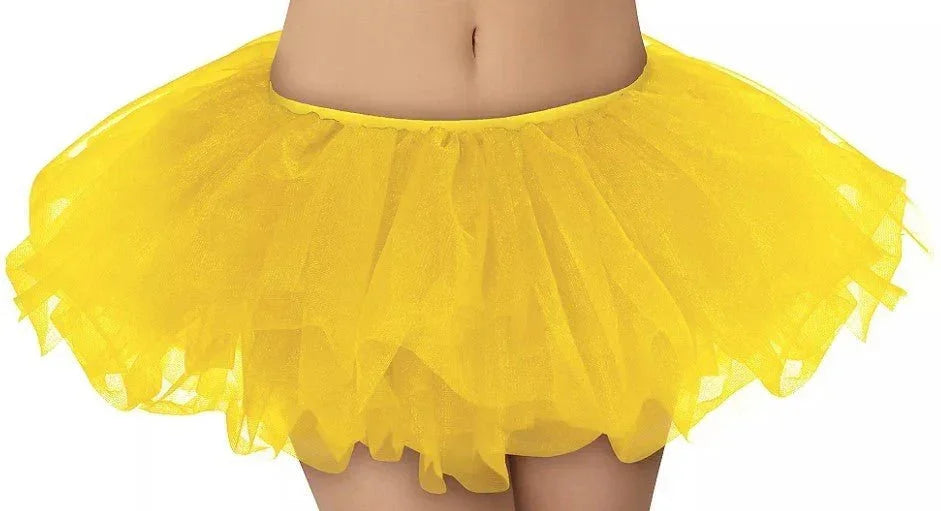 Bright yellow tutu skirt with layered tulle material and scalloped edges, shown worn at waist level on an adult.