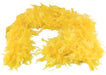 Bright yellow feather boa with fluffy, ruffled texture arranged in a circular shape against a white background.