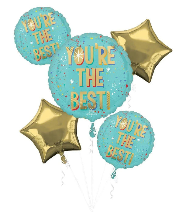 Turquoise round foil balloons with gold text reading "You're The Best" surrounded by colorful confetti designs, displayed with two gold star-shaped foil balloons.