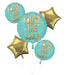 Turquoise round foil balloons with gold text reading "You're The Best" surrounded by colorful confetti designs, displayed with two gold star-shaped foil balloons.