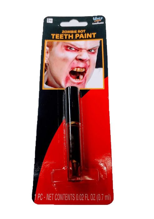 Zombie Rot Teeth Paint packaging featuring a dramatic image of a person with decayed teeth and red zombie makeup, with a small brush applicator visible in a clear plastic container against a red and black card backing.