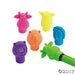 Six colorful animal-shaped pencil top erasers in purple, pink, yellow, orange, blue, and green with textured details and facial features.