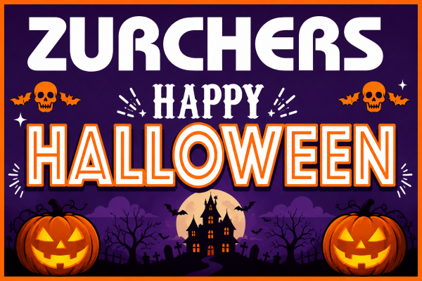 A Halloween-themed graphic banner with the word 'ZURCHERS' at the top, followed by 'HAPPY HALLOWEEN' in large white and orange lettering. The design includes orange jack-o'-lanterns at the bottom corners, a haunted house under a full moon in the center, bats, skulls, and bare trees on a purple background with an orange border.