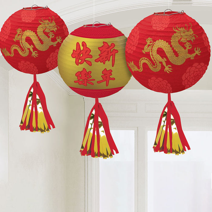 Chinese New Year Paper Lantern Red Gold Tassel Hanging Party Decorations | 3ct