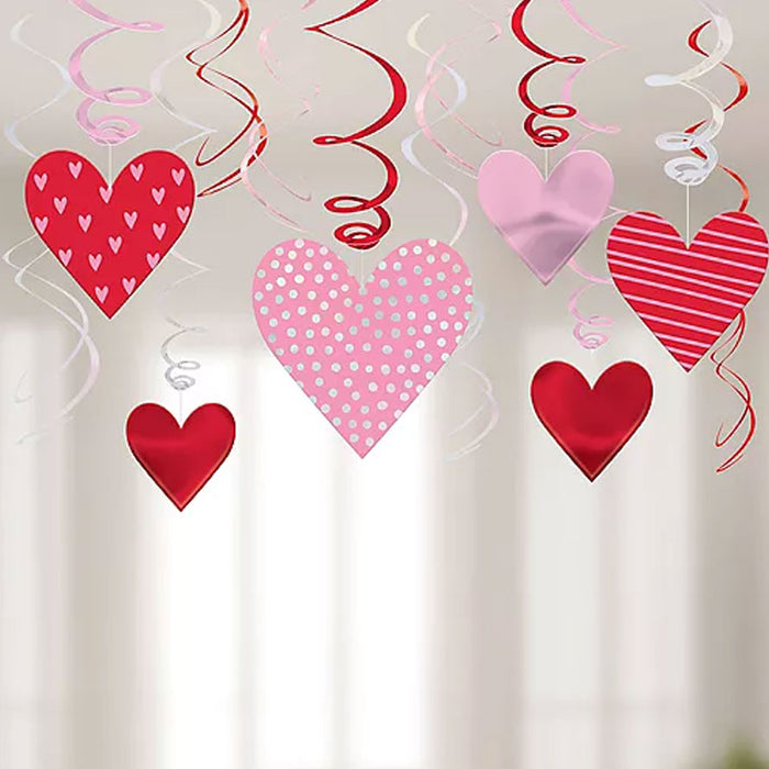 Valentine's Metallic Pink & Red Patterned Heart Cardstock & Foil Swirl Decorations | 12ct