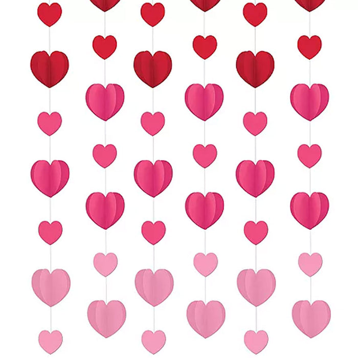 Valentine's Red & Pink Dimensional Heart Paper String Decorations, 7ft | 12ct