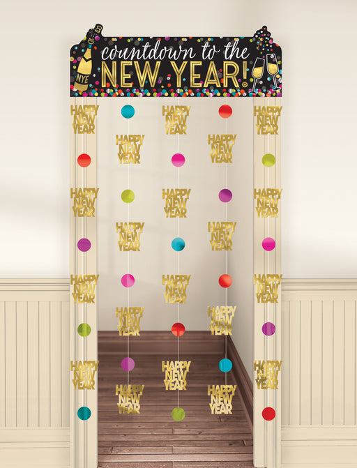 ANew Year's Countdown To The New Year Doorway Curtain hanging in a doorway.