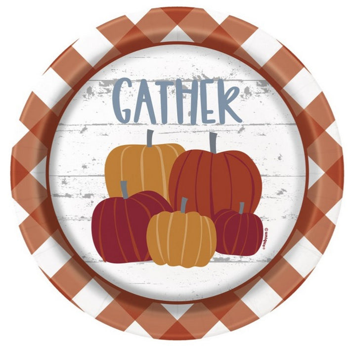 Pumpkin Gingham Paper Plates 7" | 8ct