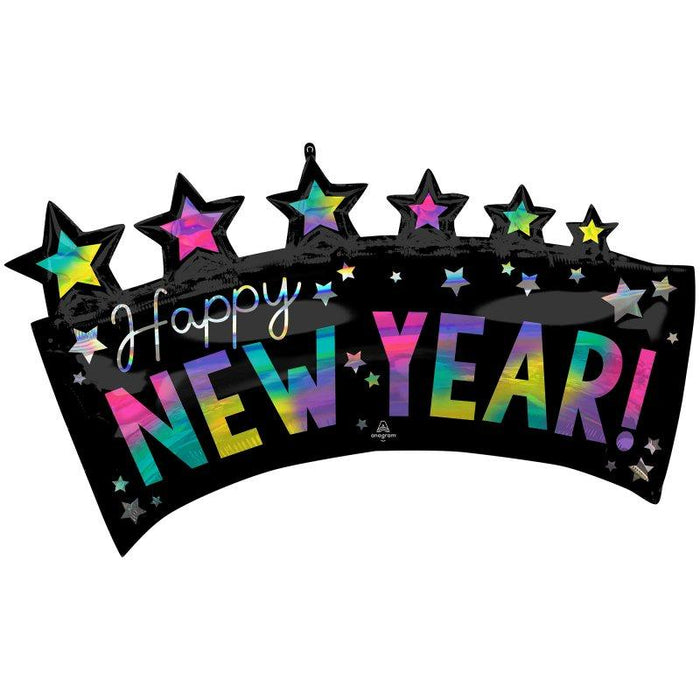 Happy New Year Holographic Stars Supershape Mylar 34" | 1ct