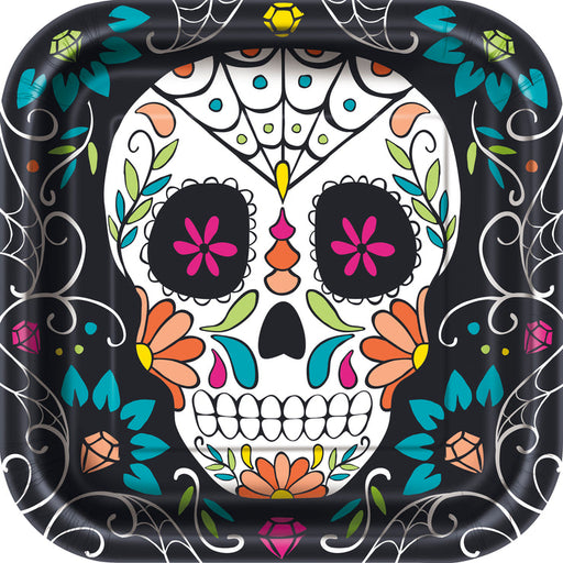 Day of the Dead Skull Square Dinner Plates 9in 8ct