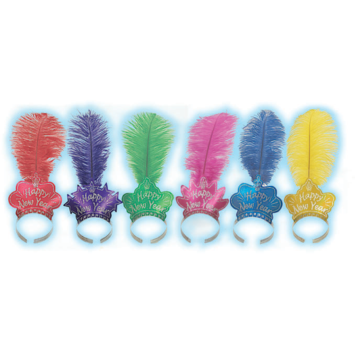 A selection of New Year's Glittered Happy New Year Tiaras w/Matching Color Plumes.