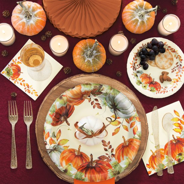 Thanksgiving Watercolor Fall Pumpkin Paper Plates 7" | 8ct