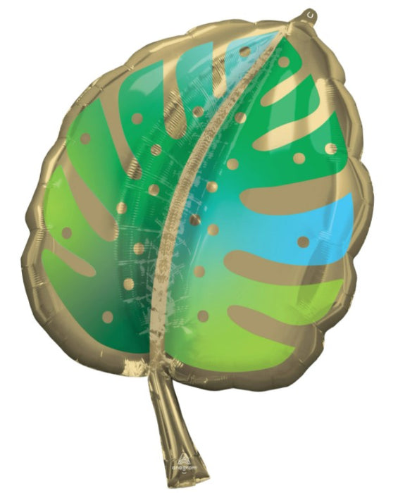 30" Tropical Leaf SuperShape Mylar Balloon.  The balloon is in the shape of a 30-inch leaf with green blue and gold.